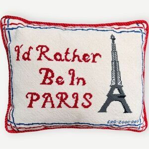 HANDMADE VINTAGE Embroidered I’d Rather Be in Paris Decorative Throw Pillow.